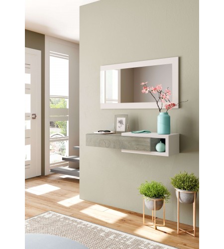 Recibidor 1 cajón + espejo Roble Alaska / Blanco Artik