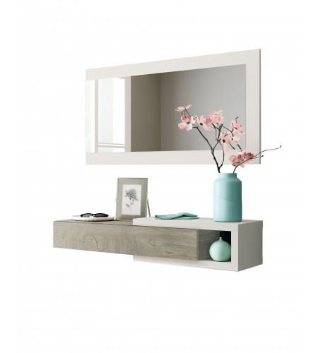 Recibidor 1 cajón + espejo Roble Alaska / Blanco Artik