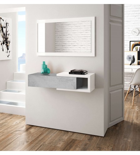 Recibidor 1 cajón + espejo Blanco Artik / Cemento
